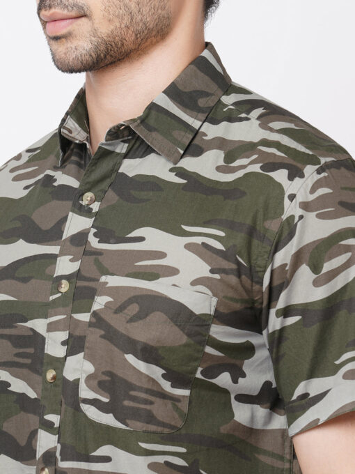 Men's Olive Cotton Camo Printed Regular Fit Short Sleeve Printed Shirt - Image 7