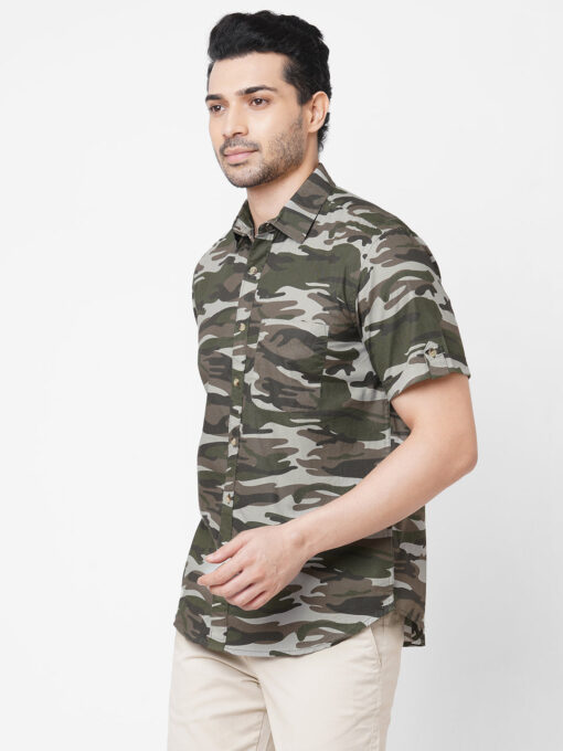 Men's Olive Cotton Camo Printed Regular Fit Short Sleeve Printed Shirt - Image 2