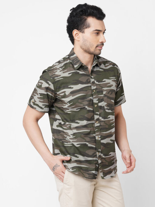 Men's Olive Cotton Camo Printed Regular Fit Short Sleeve Printed Shirt - Image 3