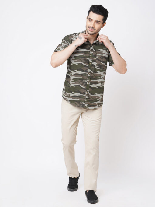 Men's Olive Cotton Camo Printed Regular Fit Short Sleeve Printed Shirt - Image 5