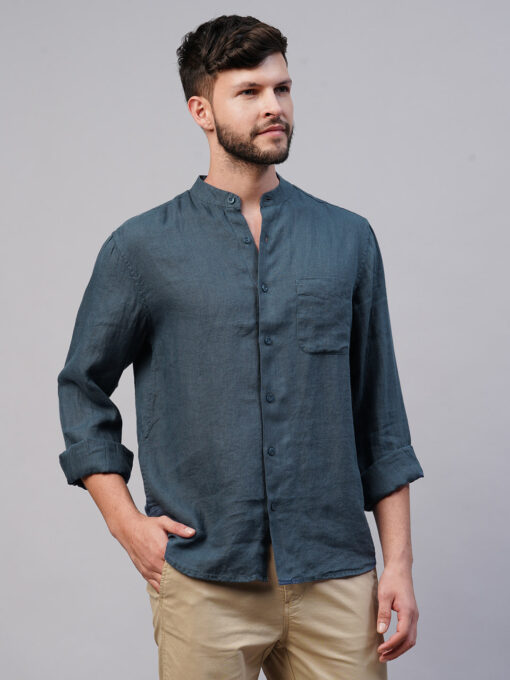 Men's Navy 100% Linen Regular Fit Mandarin Collar Long Sleeved Shirt - Image 4