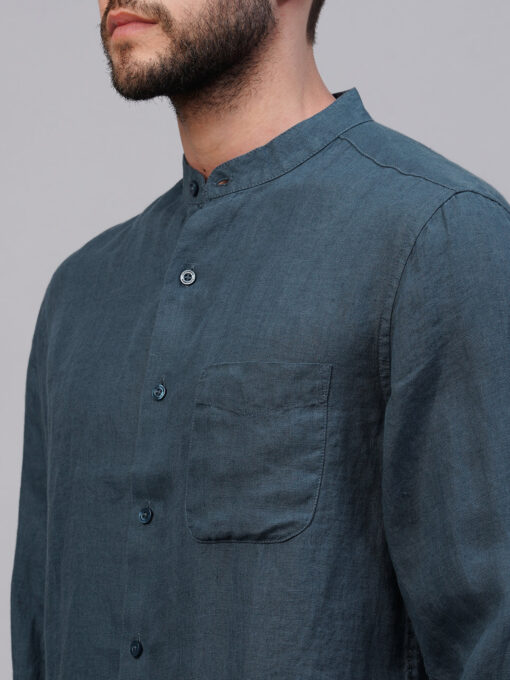 Men's Navy 100% Linen Regular Fit Mandarin Collar Long Sleeved Shirt - Image 7