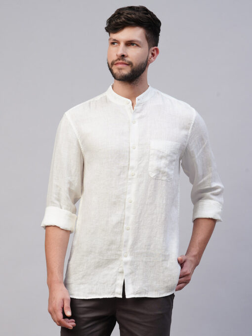 Men's White 100% Linen Regular Fit Mandarin Collar Long Sleeved Shirt - Image 2