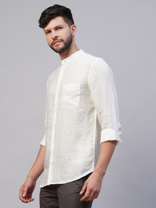 Men's White 100% Linen Regular Fit Mandarin Collar Long Sleeved Shirt - Image 3