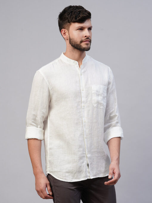 Men's White 100% Linen Regular Fit Mandarin Collar Long Sleeved Shirt - Image 4