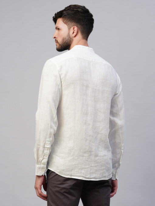 Men's White 100% Linen Regular Fit Mandarin Collar Long Sleeved Shirt - Image 5