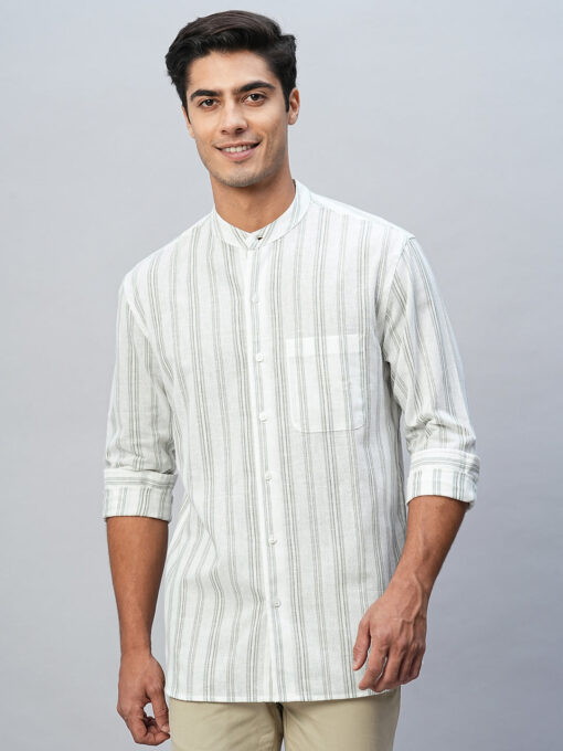 Men's Green Cotton Linen Regular Fit Striped Shirt - Image 3