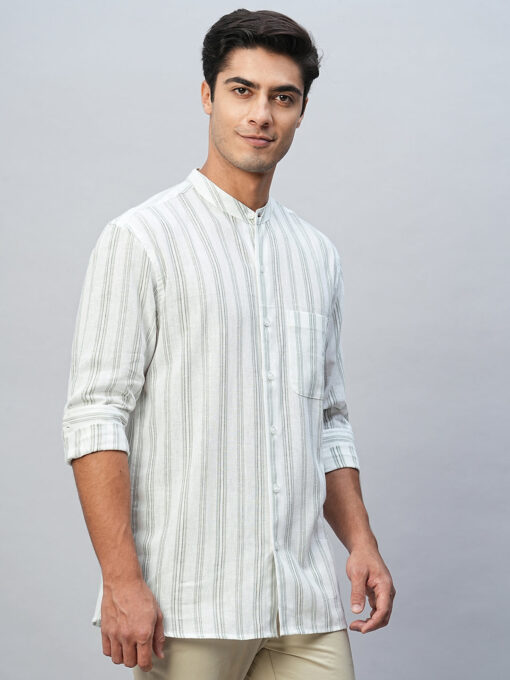 Men's Green Cotton Linen Regular Fit Striped Shirt - Image 4