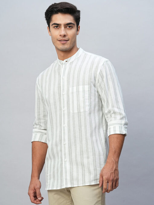 Men's Green Cotton Linen Regular Fit Striped Shirt - Image 5