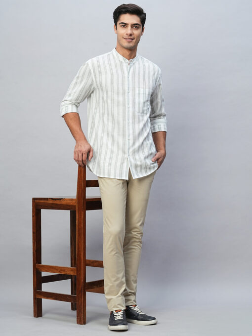 Men's Green Cotton Linen Regular Fit Striped Shirt - Image 2