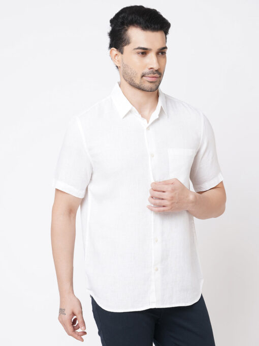 Men's White 100% Linen Regular Fit Short Sleeved Shirt - Image 3