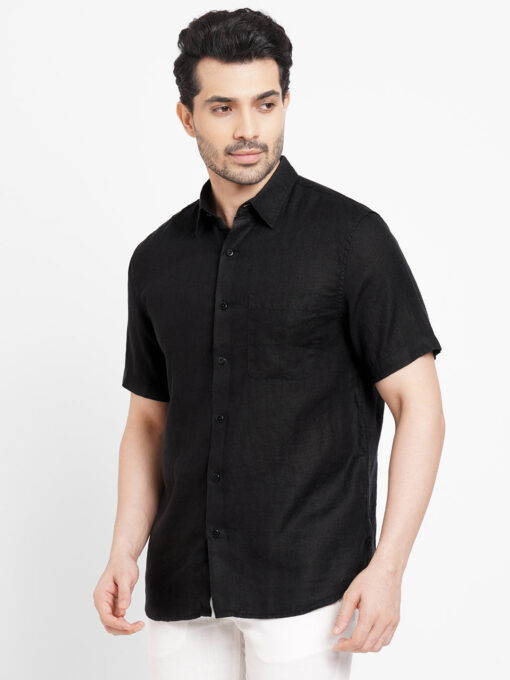 Men's Black 100% Linen Regular Fit Short Sleeved Shirt - Image 2