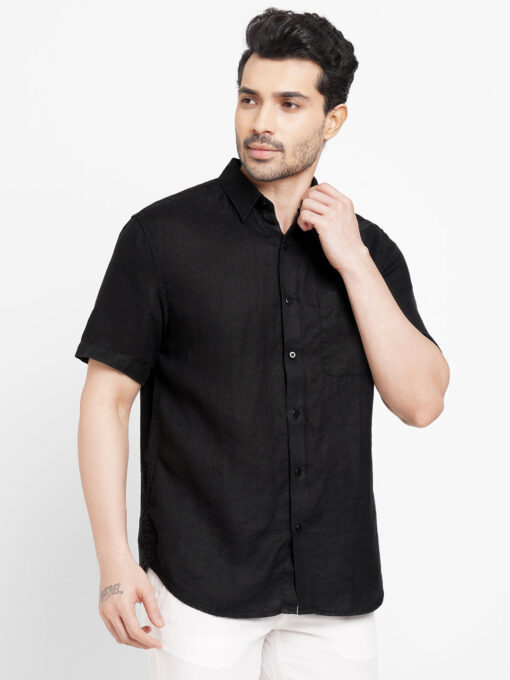 Men's Black 100% Linen Regular Fit Short Sleeved Shirt - Image 3