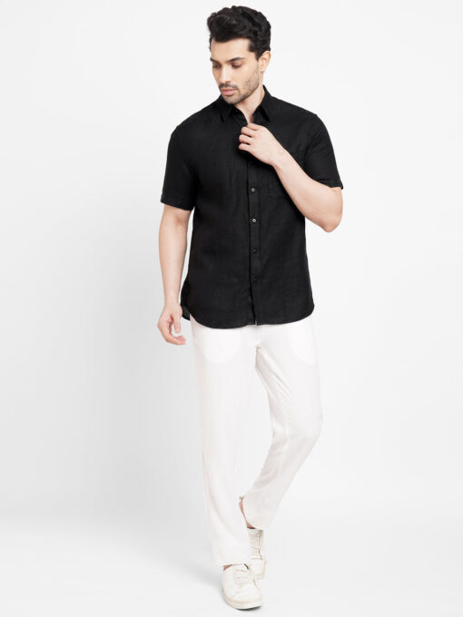 Men's Black 100% Linen Regular Fit Short Sleeved Shirt - Image 5