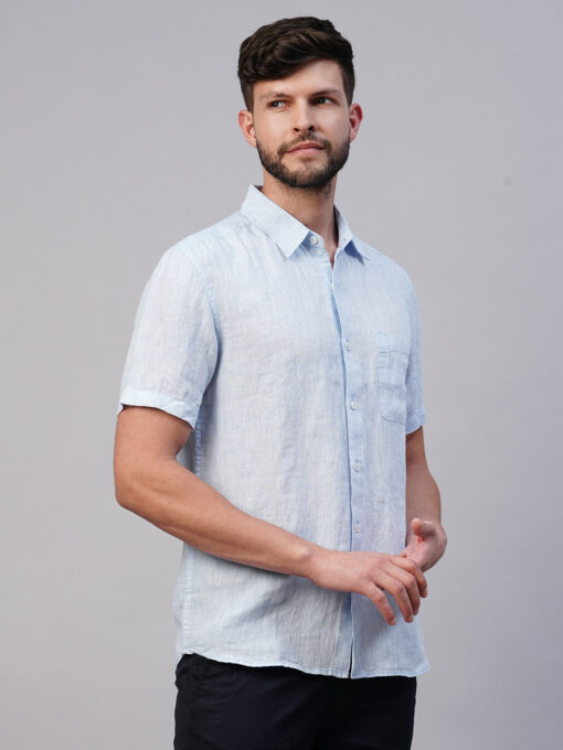 Men's 100% Linen Sky Blue Regular Fit Short Sleeved Shirt - Image 4