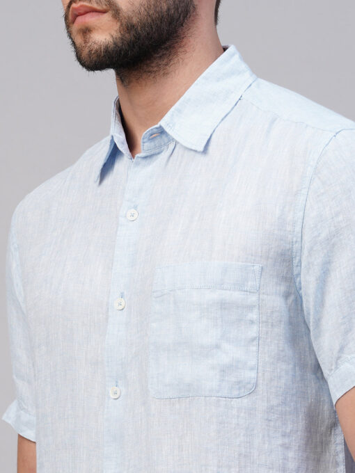 Men's 100% Linen Sky Blue Regular Fit Short Sleeved Shirt - Image 7