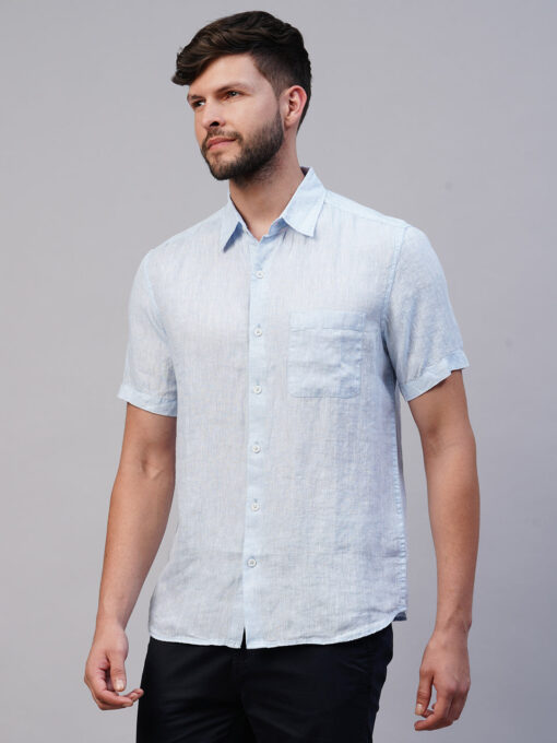 Men's 100% Linen Sky Blue Regular Fit Short Sleeved Shirt - Image 3