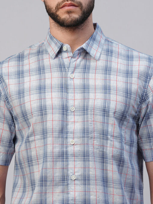 Men's Blue Cotton Lyocell Regular Fit Checked Shirt - Image 6