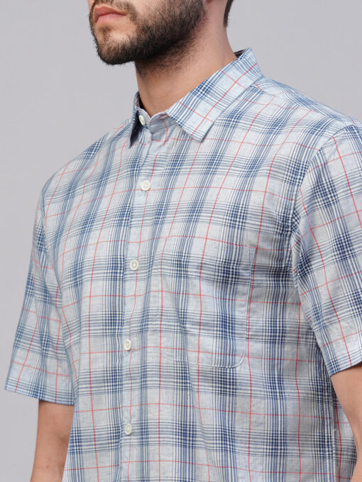 Men's Blue Cotton Lyocell Regular Fit Checked Shirt - Image 7