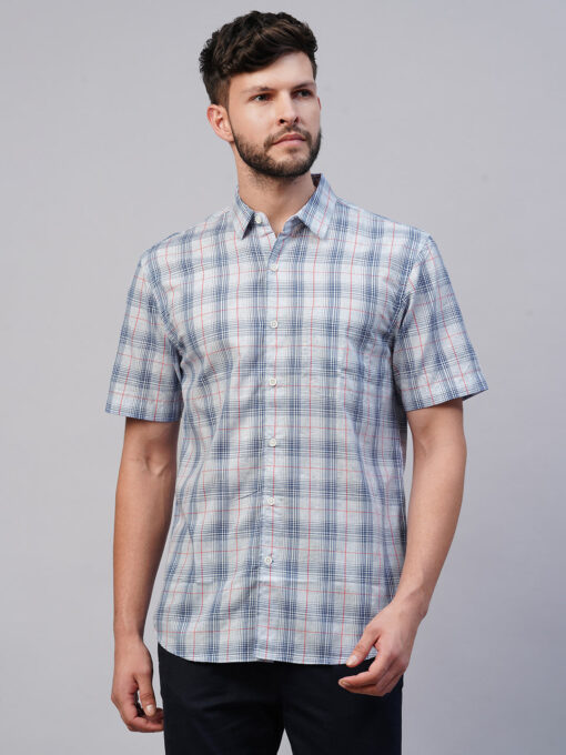 Men's Blue Cotton Lyocell Regular Fit Checked Shirt - Image 2