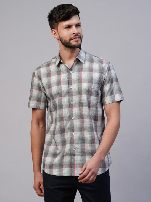 Men's Grey Cotton Lyocell Regular Fit Checked Shirt - Image 2