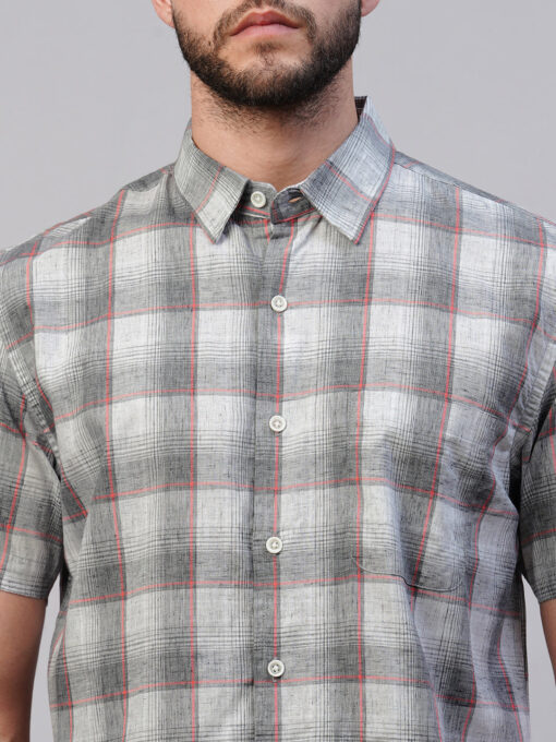 Men's Grey Cotton Lyocell Regular Fit Checked Shirt - Image 6