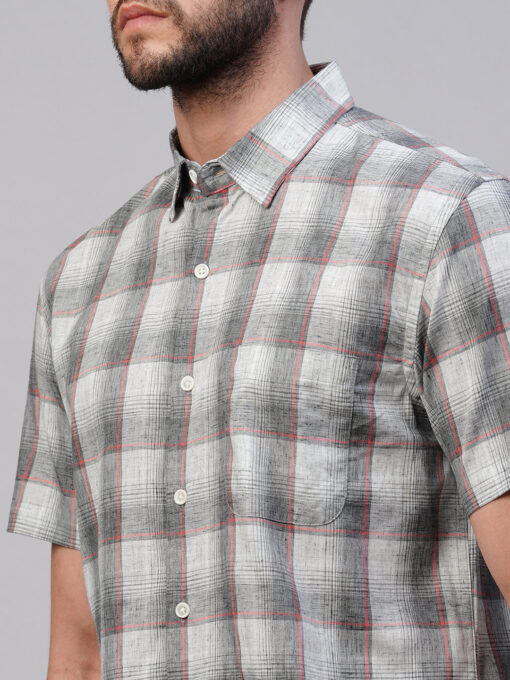 Men's Grey Cotton Lyocell Regular Fit Checked Shirt - Image 7