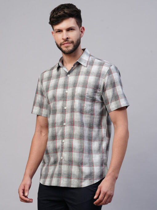 Men's Grey Cotton Lyocell Regular Fit Checked Shirt - Image 4