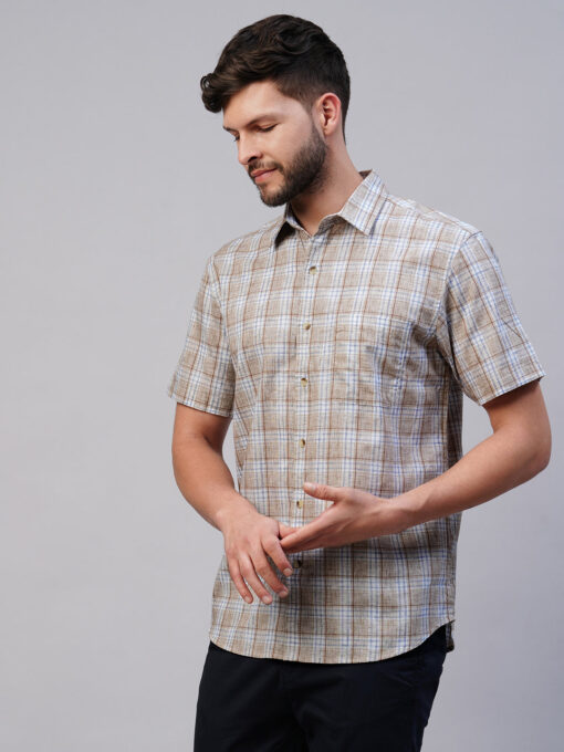 Men's Khaki Cotton Lyocell Regular Fit Checked Shirt - Image 2