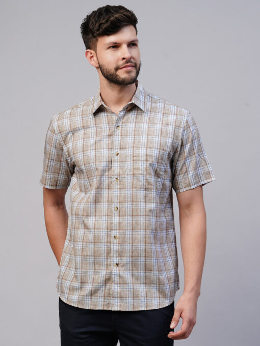 Men's Khaki Cotton Lyocell Regular Fit Checked Shirt - Image 3