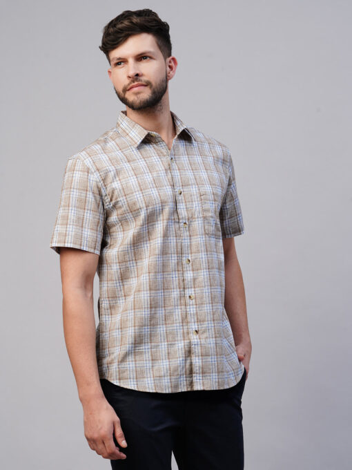 Men's Khaki Cotton Lyocell Regular Fit Checked Shirt - Image 4