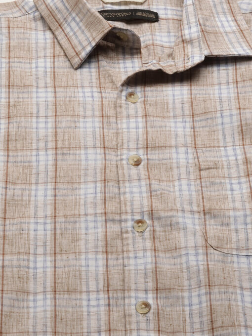 Men's Khaki Cotton Lyocell Regular Fit Checked Shirt - Image 8