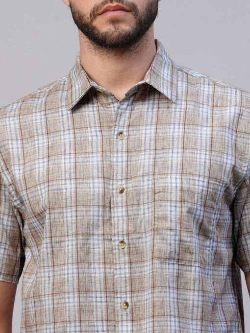 Men's Khaki Cotton Lyocell Regular Fit Checked Shirt - Image 6