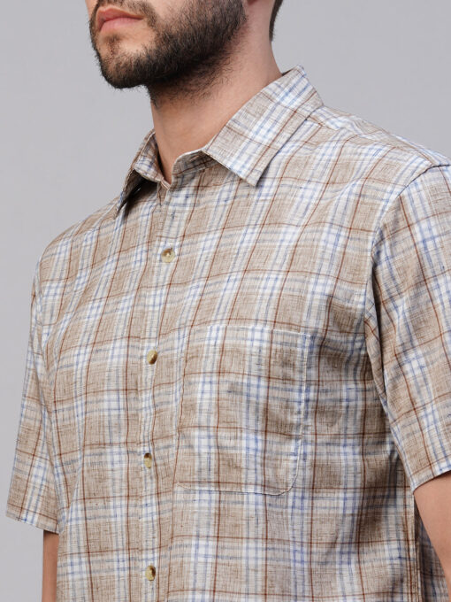 Men's Khaki Cotton Lyocell Regular Fit Checked Shirt - Image 7