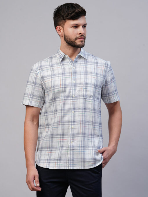 Men's Blue Cotton Regular Fit Checked Shirt - Image 2