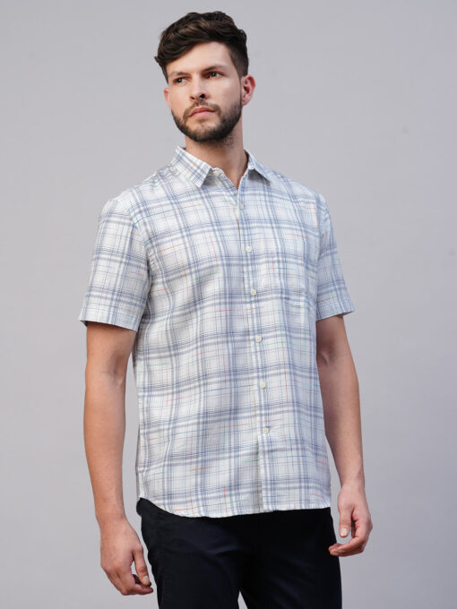 Men's Blue Cotton Regular Fit Checked Shirt - Image 4