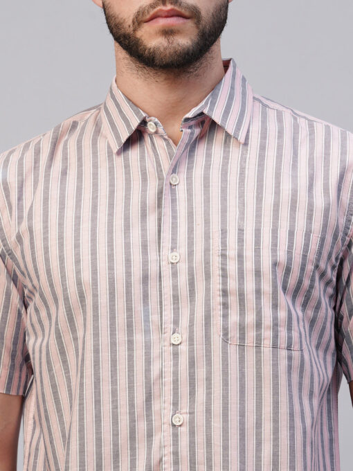 Men's Pink Cotton Regular Fit Striped Shirt - Image 6