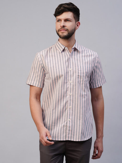 Men's Pink Cotton Regular Fit Striped Shirt - Image 2