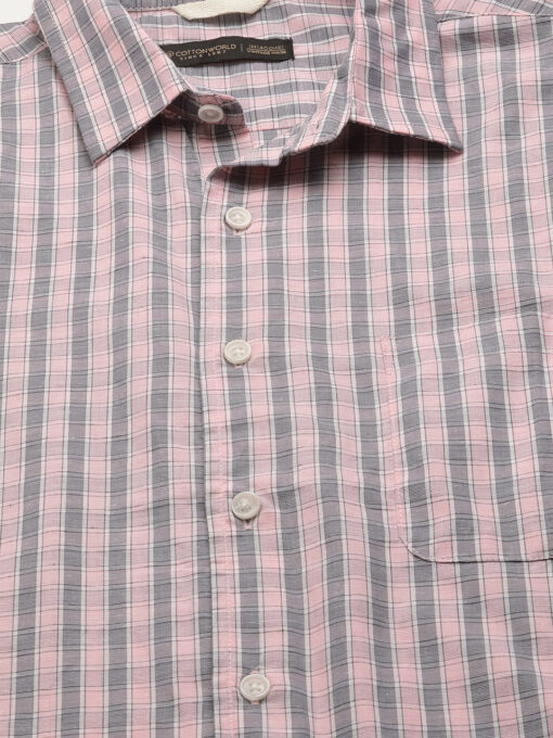 Men's Pink Cotton Regular Fit Checked Shirt - Image 8