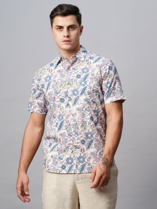 Men's Blue Cotton Regular Fit Printed Shirt - Image 2