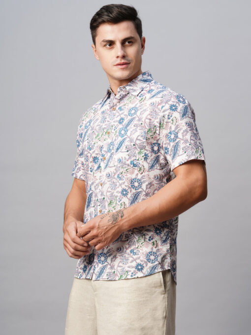 Men's Blue Cotton Regular Fit Printed Shirt - Image 3