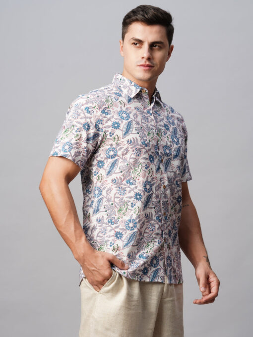 Men's Blue Cotton Regular Fit Printed Shirt - Image 4