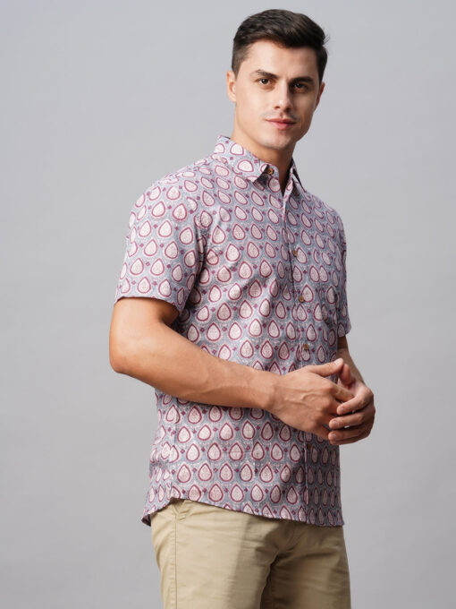 Men's Grey Cotton Regular Fit Printed Shirt - Image 4