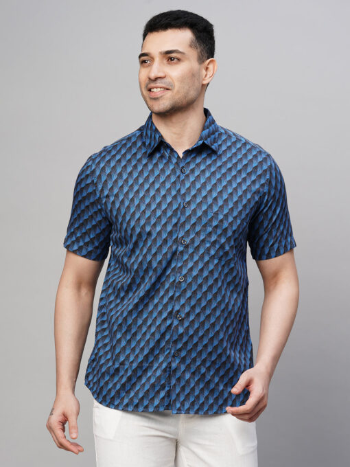 Men's Navy Cotton Regular Fit Printed Shirt - Image 2