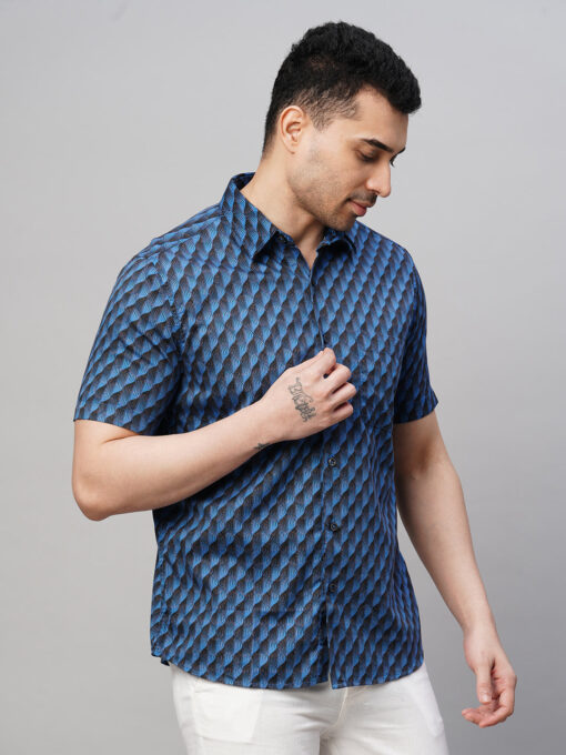 Men's Navy Cotton Regular Fit Printed Shirt - Image 4