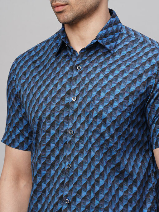 Men's Navy Cotton Regular Fit Printed Shirt - Image 7