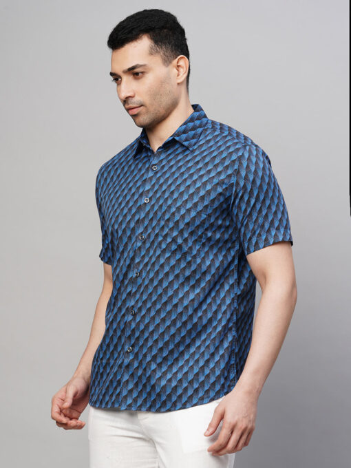 Men's Navy Cotton Regular Fit Printed Shirt - Image 3