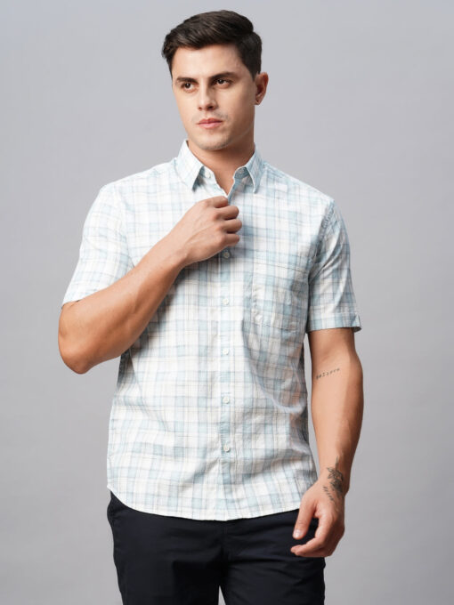 Men's Offwhite Cotton Regular Fit Checked Shirt - Image 2