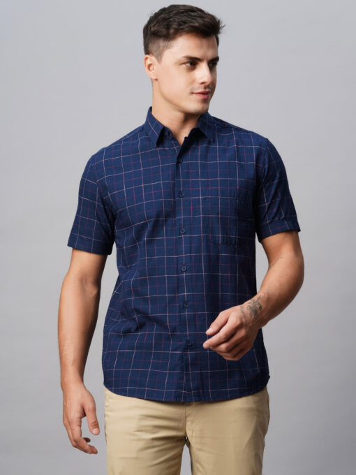 Men's Navy Cotton Regular Fit Checked Shirt - Image 2