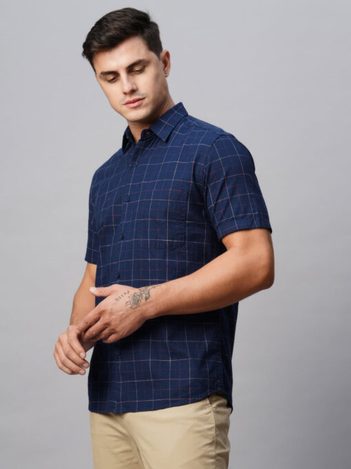 Men's Navy Cotton Regular Fit Checked Shirt - Image 3